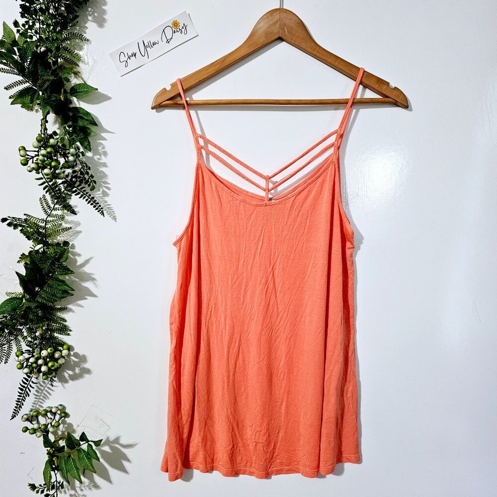 Vanity Womens Coral Orange Caged Neck Strappy Camisole Tank Top L Boho Summer